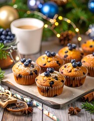 Festive blueberry muffins with coffee