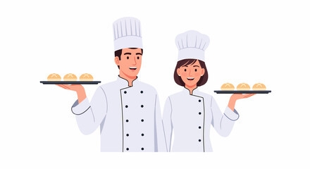 Two chefs holding trays of food, smiling and wearing white uniforms and hats.