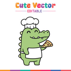 Cute cartoon chef crocodile holding pizza slice fun food art
