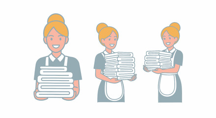Three cartoon women in maid uniforms holding stacks of folded towels or linens.