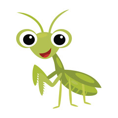 A charming cartoon illustration of a bright green praying mantis insect