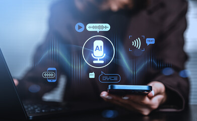 AI voice technology interface concept with sound wave and speech-to-text icons over smartphone and laptop in tech environment background..
