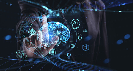 Futuristic concept of artificial intelligence chip integration with human brain via holographic interface in digital technology environment.