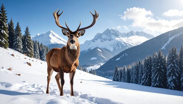 Majestic stag stands in winter snowy landscape