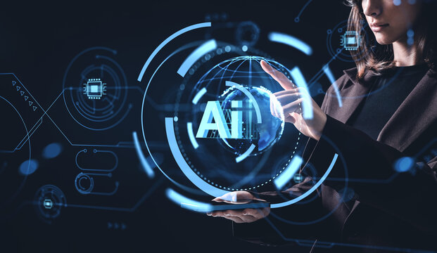 Woman interacting with futuristic AI hologram interface concept on dark digital background with glowing blue tech elements and abstract data graphics. - Powered by Adobe