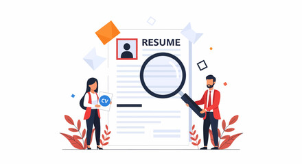 Illustration of people analyzing a resume with a magnifying glass, symbolizing job search and recruitment.