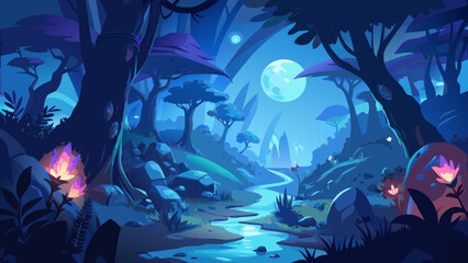 A dreamy landscape with a river and a full moon night