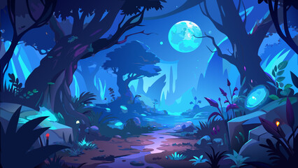 A mystical forest landscape under the moonlight glow