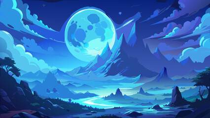 A serene landscape under the light of a full moon
