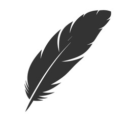 A simple black silhouette of a single feather isolated on white