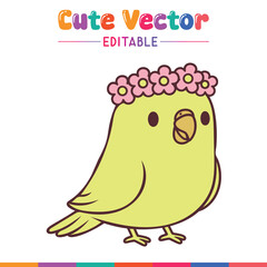 Cute little bird with flower crown simple cartoon illustration