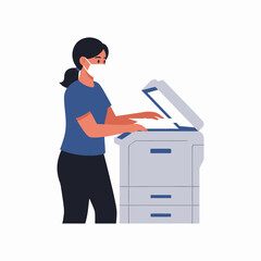 Woman wearing a face mask operating a photocopier machine in an office environment.
