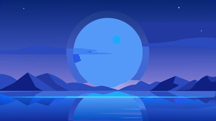 Blue landscape with mountains and a large moon circle