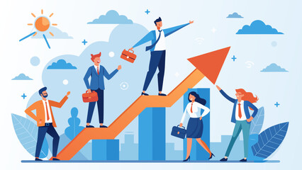 Business team climbing arrow towards success together