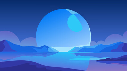 A calm blue landscape with a large moon reflection