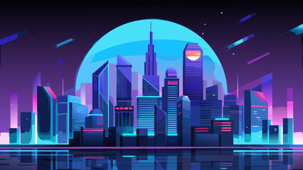 A futuristic cityscape with a large moon in the sky