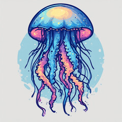 Fototapeta premium A vibrant illustration of a jellyfish, showcasing intricate details and colorful gradients against a light blue backdrop.