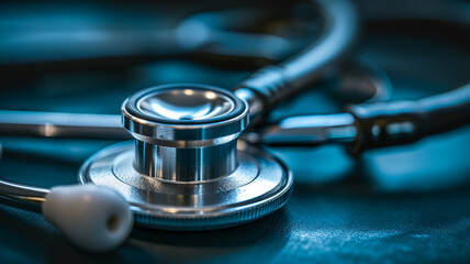 Close-up of a stethoscope on a blue surface medical equipment for diagnosis and healthcare used in hospitals and clinics