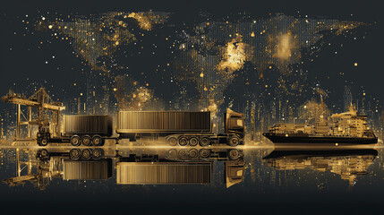 Smart Innovation connection cyber security Container truck in ship port for business Logistics transportation of Container Cargo ship Cargo plane with working crane bridge in shipyard at Twilight