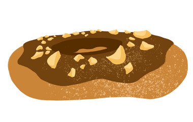 Chocolate and peanut crumbs Donut Side View, hand drawn crayon texture, isolated on transparent background