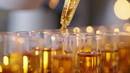 Close-up of a pipette dripping golden liquid into test tubes a science experiment for pharmaceutical research in a laboratory setting