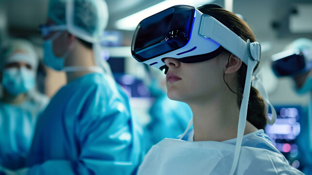 Female surgeon wearing VR headset in operating room modern technology in medicine innovative surgical procedure