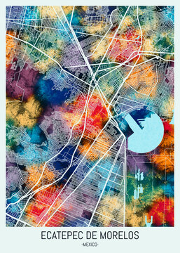 Ecatepec de Morelos Mexico City Map. Watercolor city, watercolor paint, modern city, urban city, hand paint, travel city, travel destination, city background, city banner, city colorful paint