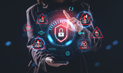 Cybersecurity threat protection hologram concept with digital lock and alert icons around businesswoman using smartphone in virtual interface environment.