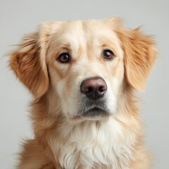A close-up portrait of a golden retriever with expressive eyes and a soft, fluffy coat, This image is perfect for pet-related content, advertisements, or heartwarming stories about dogs,
