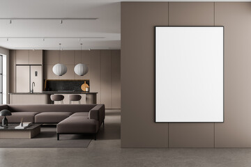 Modern living room interior with large vertical poster mockup on brown wall in minimalist kitchen and lounge space with neutral colors and furniture. 3D Rendering
