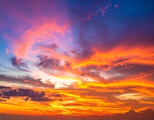 Fototapeta premium A vibrant evening sky ablaze with hues of orange, yellow, and blue. Dramatic clouds fill the frame, creating a fiery and dynamic spectacle