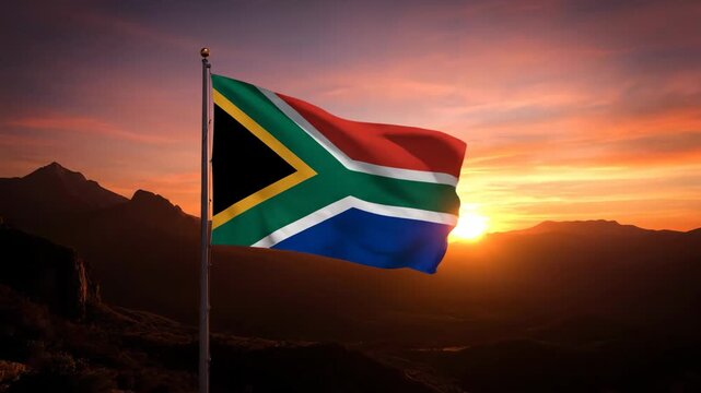 South African Flag at Sunset - The video features the flag of South Africa waving gently in the foreground, set against a stunning sunset backdrop.