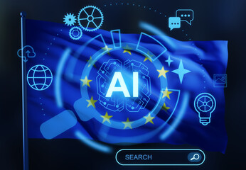 European Union flag with artificial intelligence concept overlay featuring digital icons and futuristic interface elements in double exposure style. 3D Rendering