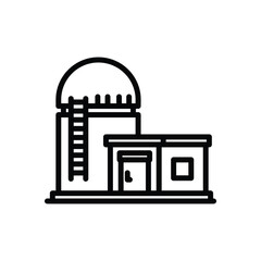 A simplified blackandwhite line drawing of a farm building with a silo and attached shed