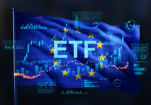 European ETF concept with financial trading charts overlayed on EU flag in double exposure 3D render illustration concept of investment and economy. 3D Rendering - Powered by Adobe