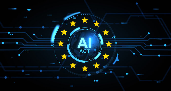 European Union AI Act hologram concept with glowing digital circuit background and EU stars around futuristic interface globe symbolizing regulation. 3D Rendering