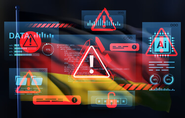 Cybersecurity threat alert concept with digital warnings and data breach icons over German flag using double exposure style. 3D Rendering