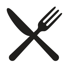 Simple black and white illustration of a crossed fork and knife
