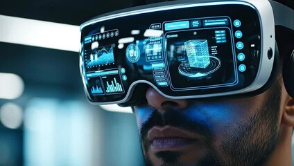 A man wearing a VR headset with displayed data charts, futuristic interfaces, blue hues, and tech details - Powered by Adobe