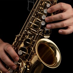 Obraz premium Close-up of Hands Playing a Golden Saxophone with Precision.