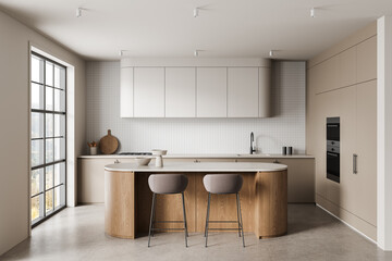 Modern minimalist kitchen interior with curved wooden island, beige cabinetry, and soft natural lighting in contemporary design style. 3D Rendering