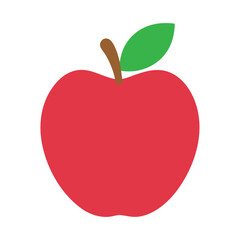 A simple illustration of a bright red apple with a green leaf