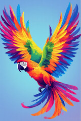 Obraz premium A vibrant, colorful parrot with outstretched wings, soaring against a gradient blue backdrop, showcasing its plumage.