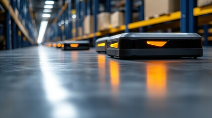 Automated robots are seen navigating a warehouse aisle, with motion lights indicating their operation, This image is ideal for showcasing modern logistics, automation technology