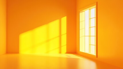 Empty room with sunlight through window, casting shadows on orange walls and floor.