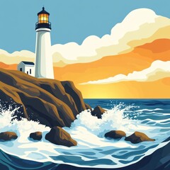 Lighthouse on rocky coast at sunrise.
