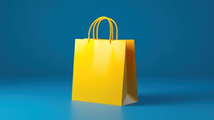 Bright yellow shopping bag on a blue studio background.