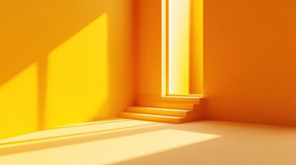 Sunny yellow room with stairs and a bright window.