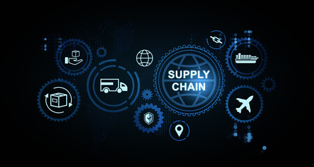 Supply chain management concept with glowing hologram icons of logistics and transportation on digital background in futuristic creative style. 3D Rendering © ImageFlow