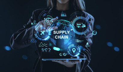 Woman interacting with futuristic hologram interface showing supply chain concept and logistics...